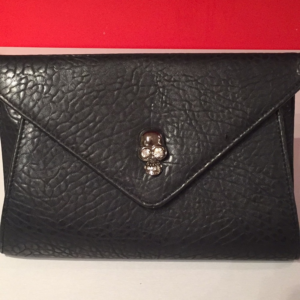 Black vegan leather skull clutch